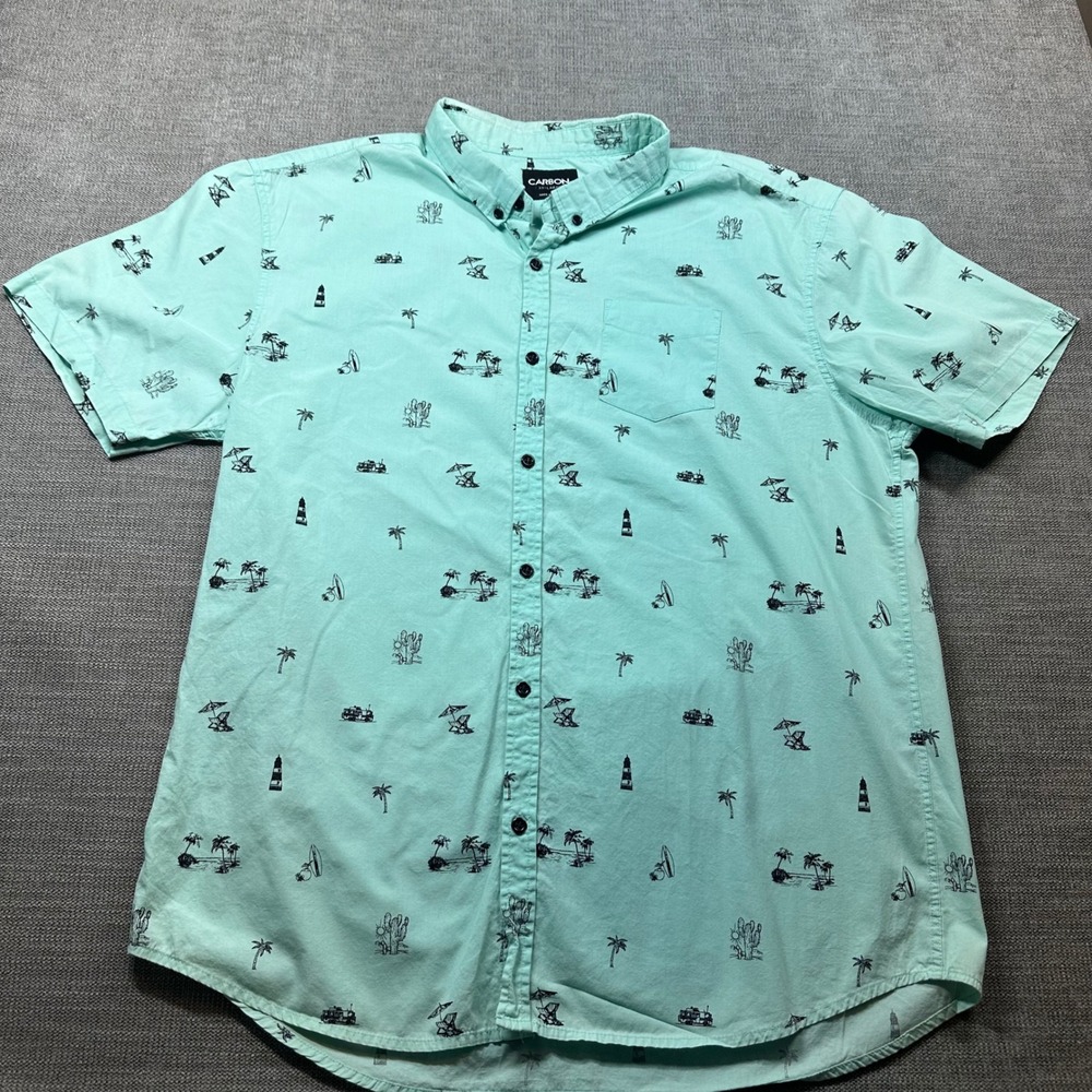 Carbon Button Down Shirt Mens XXL Mint Green  Tropical Beach Print Cotton